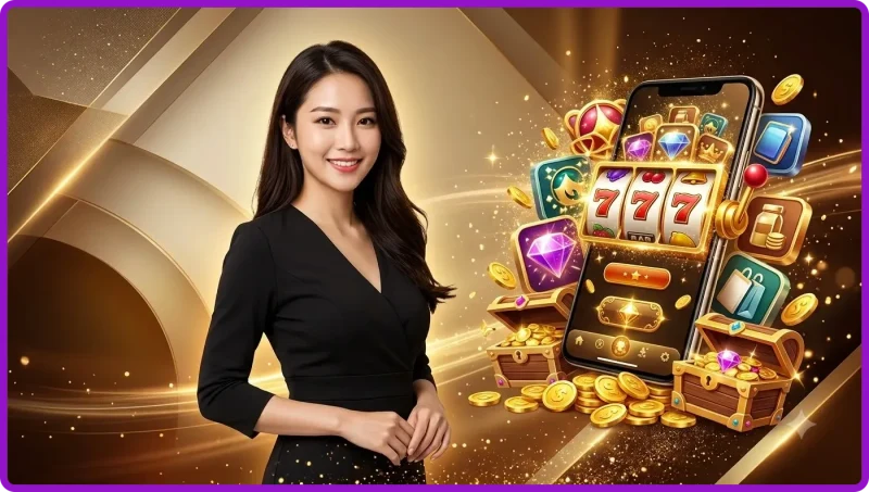 Bảng cuộn quay nổ hũ thần tài với biểu tượng thỏi vàng, đồng xu cổ và ông thần tài may mắn