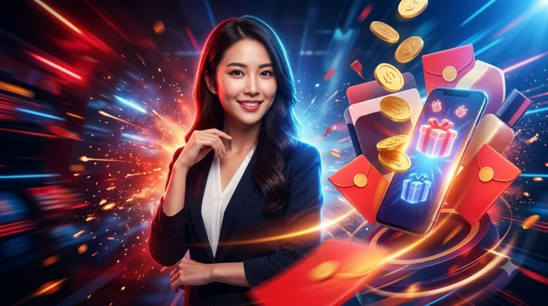 Các biểu tượng bao lì xì, xu thưởng, hộp quà và chu kỳ làm mới quanh điện thoại