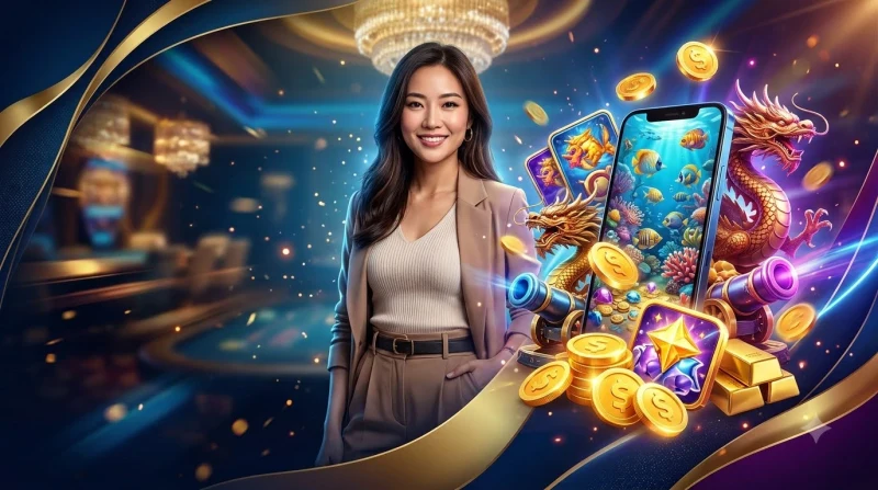 Cảnh đại dương ảo với cá rồng và nhiều loài cá minh họa khái niệm game bắn cá rồng