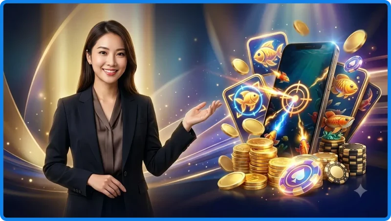 Cảnh đại dương ảo với cá rồng và nhiều loài cá minh họa khái niệm game bắn cá rồng