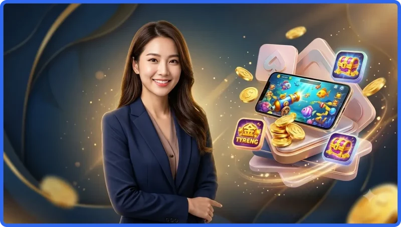 Cảnh tổng quan game bắn cá xèng với bể cá đại dương và súng bắn cá phát tia năng lượng