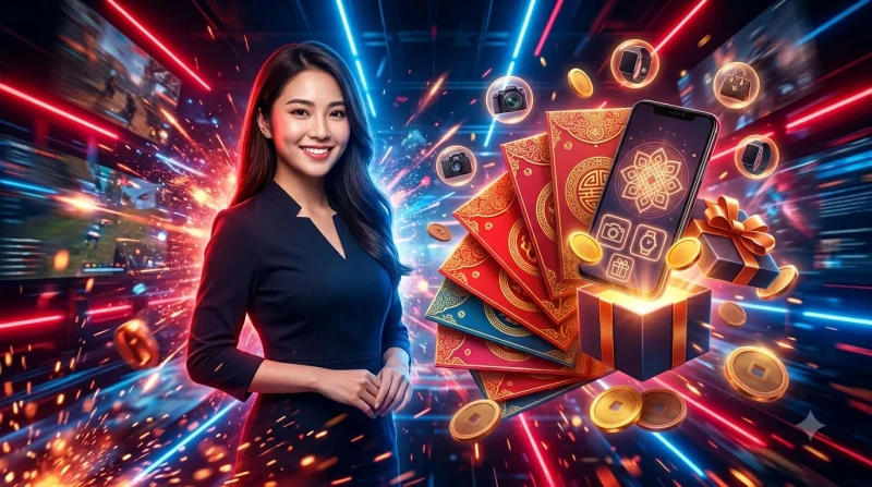 Chuỗi bước nhận thưởng trên điện thoại với bao lì xì và biểu tượng nhắc giờ
