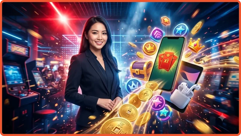 Dãy bao lì xì vàng phát sáng theo chuỗi ngày minh họa phần thưởng đều đặn