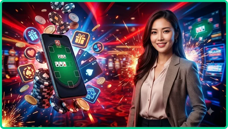 Lá bài Poker và chip cược trên bàn cùng thiết bị chơi poker online tại MB66