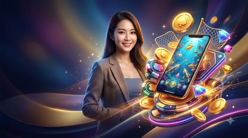 Minh họa cách chơi bắn cá xèng cơ bản với súng bắn, mục tiêu cá và đồng xu